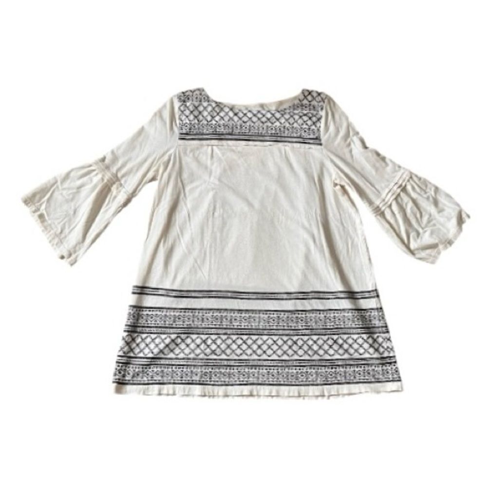 J. Jill Cream and Black Embroidered Ruffle Sleeve Tunic Top Shirt Size Small